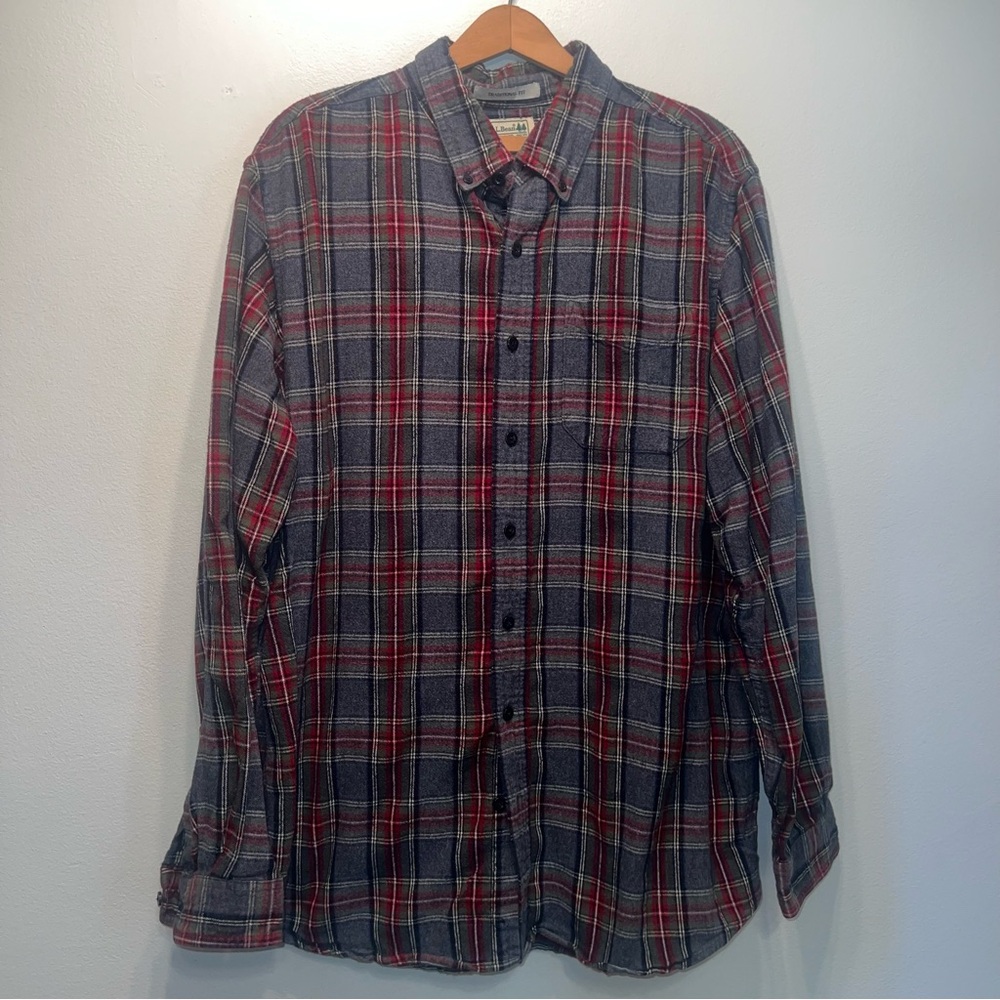 LL Bean Men Long Sleeve Plaid Flannel Button Down Plaid Shirt Sz L-Tall Cotton